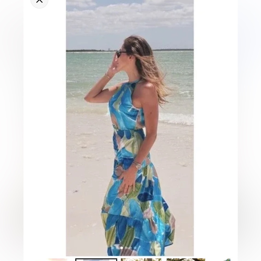 Nicole Miller Size Large Blue and Green Halter Neck Maxi Dress NWT - Picture 4 of 10